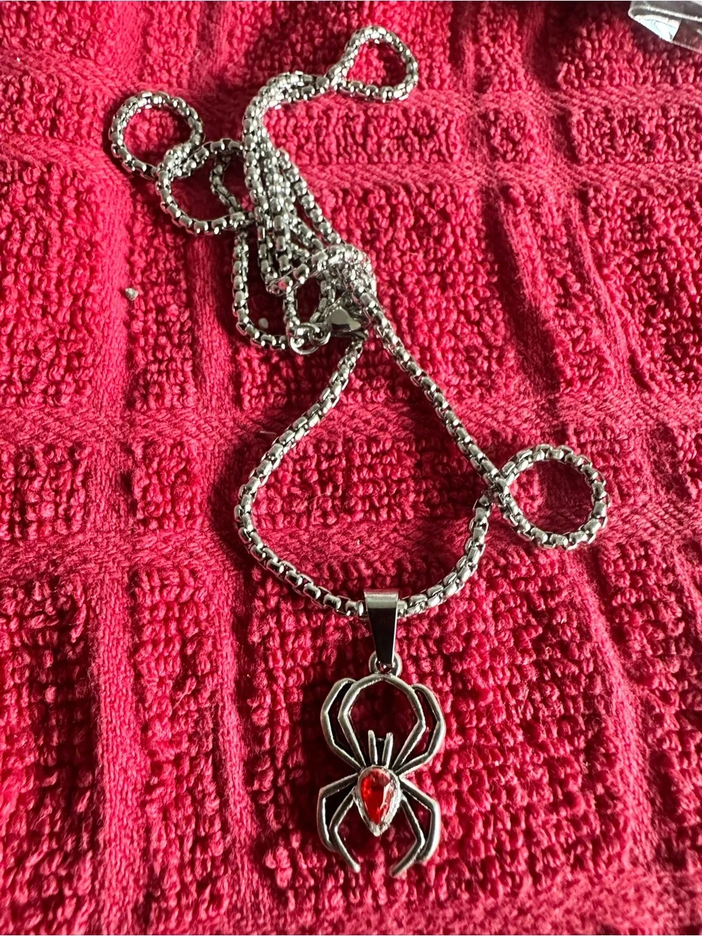 Silver Spider Pendant Necklace with Red Teardrop Stone